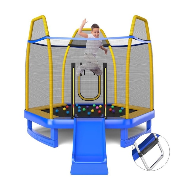 Costway 7FT Round Trampoline Bouncer Jumping Rebounder Indoor Outdoor w/Slide Ladder 20 Balls Blue
