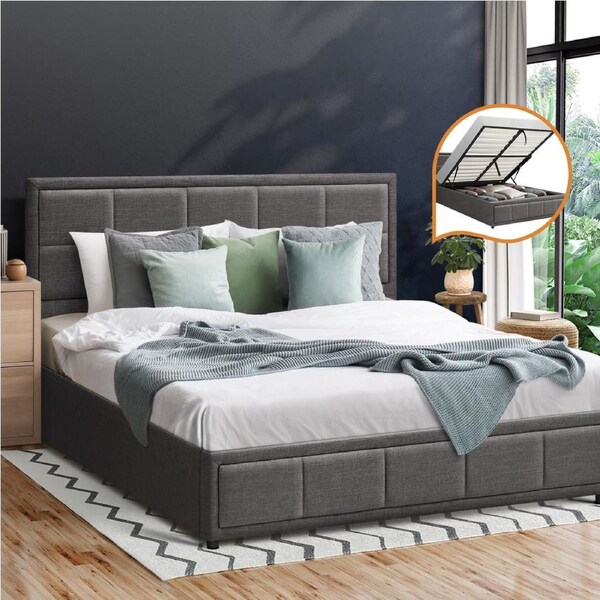 1x Oikiture Bed Frame Queen Size Gas Lift Grey BOSS