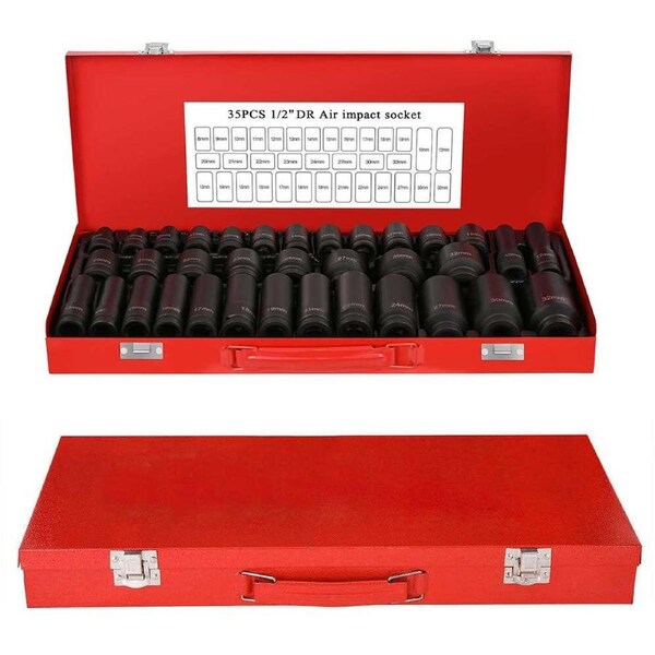OZNALA 35pcs 1/2" Drive Deep Impact Socket Tool Metric Garage Workshop Tool Set 8-32MM, Deep Sockets 10-32MM, 6 Point Car Garage Tools with Steel Case