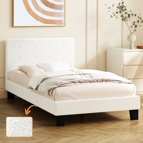 Oikiture Bed Frame King Single Bed Platform White Boucle