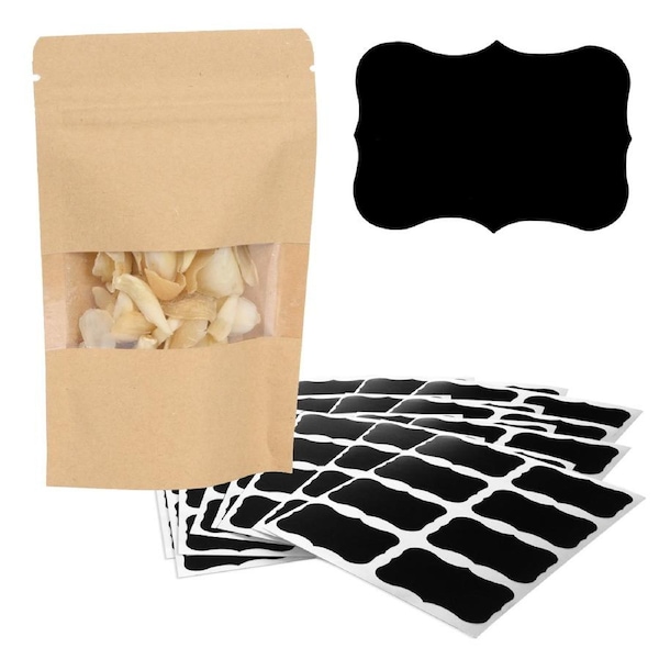 Kraft Stand Up Pouch Bags Resealable Reusable With Clear Window,9x14cm 250pcs with Chalkboard Stickers,Zipper Paper Storage Heat Seal Bag Zip Lock