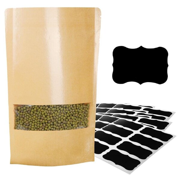 Kraft Stand Up Pouch Bags Resealable Reusable With Clear Window,16x26cm 100pcs with Chalkboard Stickers,Zipper Paper Storage Heat Seal Bag Zip Lock