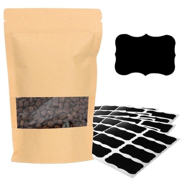 Kraft Stand Up Pouch Bags Resealable Reusable With Clear Window,18x26cm 250pcs with Chalkboard Stickers,Zipper Paper Storage Heat Seal Bag Zip Lock