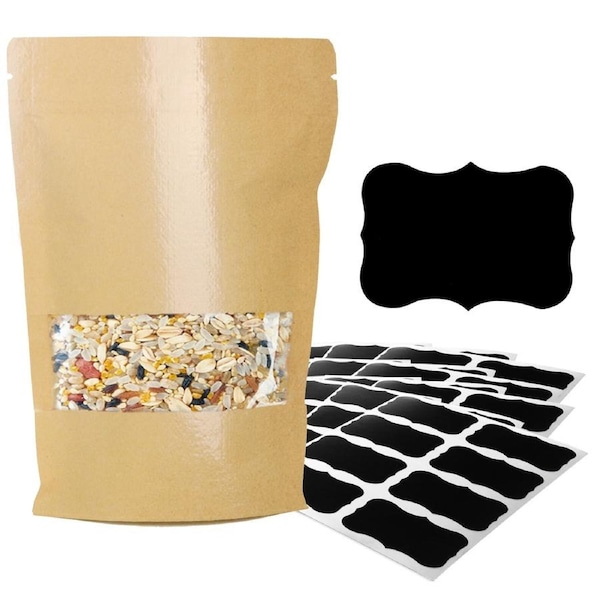Kraft Stand Up Pouch Bags Resealable Reusable With Clear Window,22x32cm 25pcs with Chalkboard Stickers,Zipper Paper Storage Heat Seal Bag Zip Lock