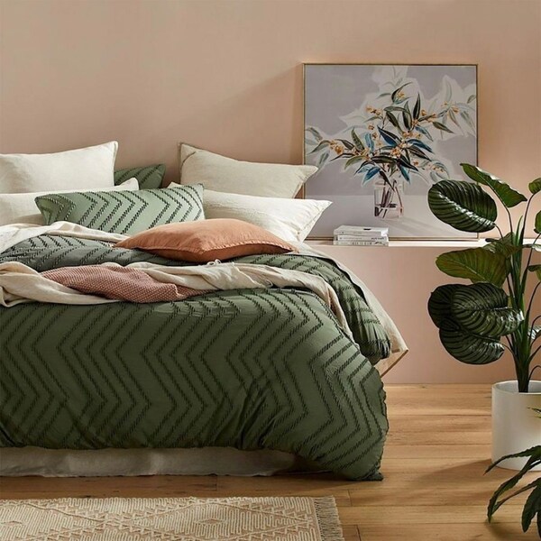 Tufted Boho Wave Jacquard Quilt/Doona/Duvet Cover Set- Dark Green - Queen Size