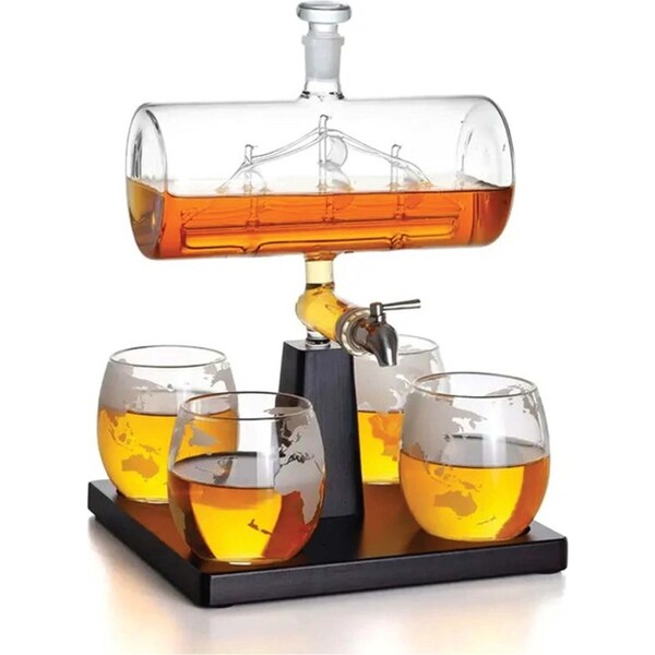 1L Whiskey or Wine Sailboat Glass Decanter Set - 4x Globe Glasses + Wooden Stand