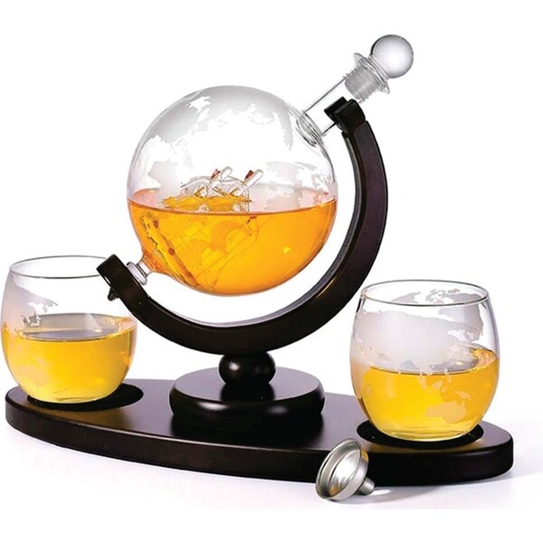 850ml Whiskey or Wine Globe Glass Decanter Set - 2x Glasses + Wooden Stand