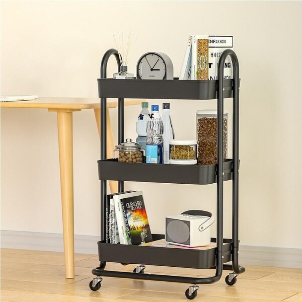 3-Tier Artiss Storage Trolley Kitchen Cart Rack Shelf Wheels Black