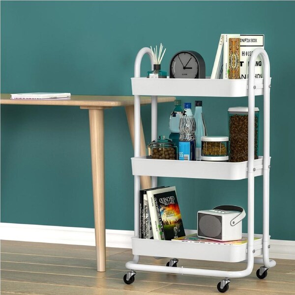 3-Tier Artiss Storage Trolley Kitchen Cart Rack Shelf Wheels White