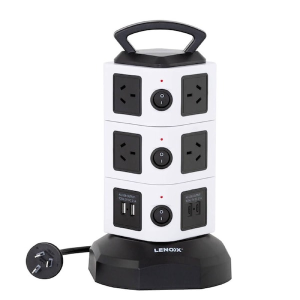 Lenoxx 10 Outlets Fast Charging Power Tower Board w/ 4 USB Charging Points