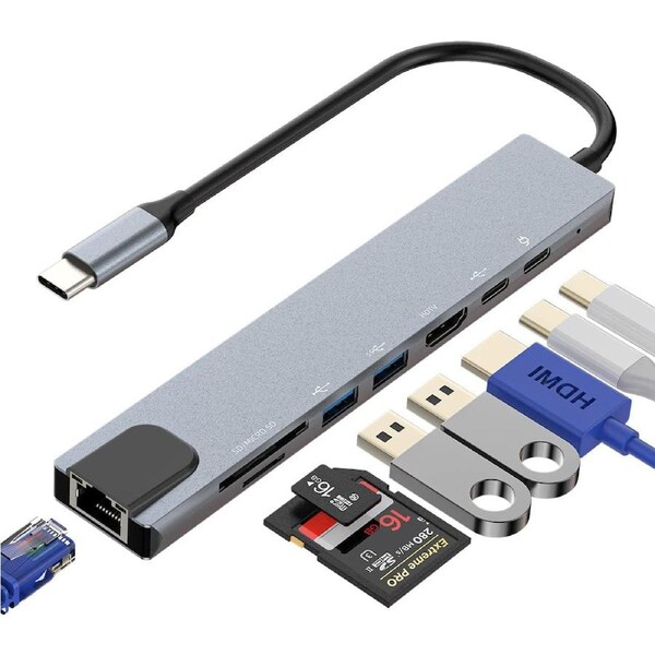 7in1 USB C to HDTV Multifunction Adapter with 4K HDTV Plug, 2 USB Port, USB C Female Port, USB C Male, SD/TF Card Reader & Rj45 Ethernet