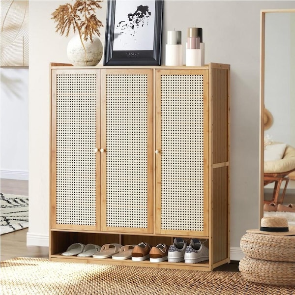 Oikiture Shoe Storage Cabinet Shoes Rack Organiser Shelf 3 Doors Rattan Style Natural