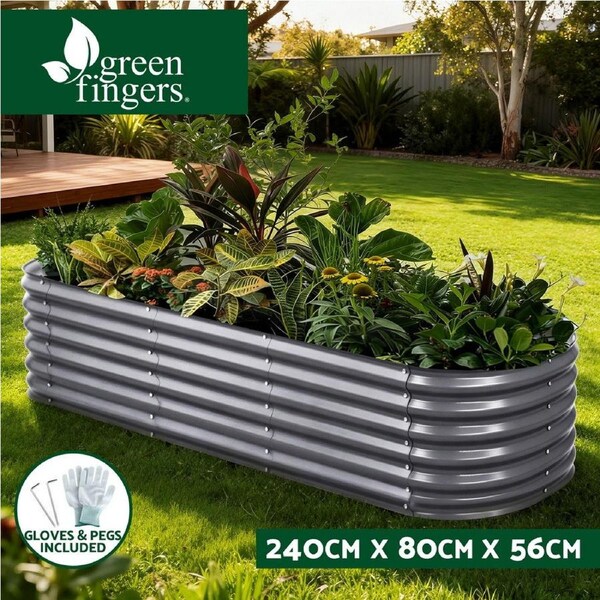 Green Fingers Garden Bed 240X80X56cm Oval Planter Box Raised Container Galvanised