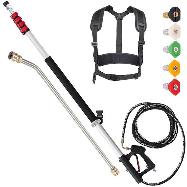 6m Telescoping Pressure Washer Wand Max 4000PSI Length Extendable and Adjustable with Support Belt Spray Wand and 5 Spray Nozzles for High Reach Roof Fence