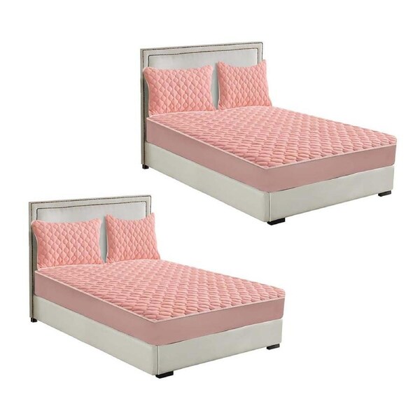 SOGA 2X Pink 183cm Wide Mattress Cover Thick Quilted Fleece Stretchable Clover Design Bed Spread Sheet Protector with Pillow Covers