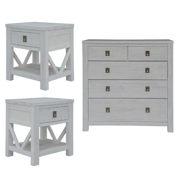 Myer 3pc Set 2 Bedside Tallboy Storage Cabinet Side End Table White Wash