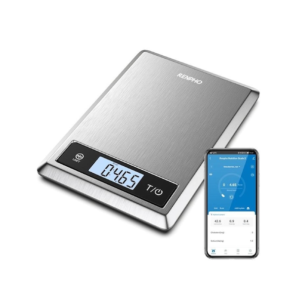 RENPHO SMART NUTRITION SCALE - BLE - 3XAAA - 9X6.3X0.8 INCH - GREY STAINLESS STEEL (UP TO 11LB)