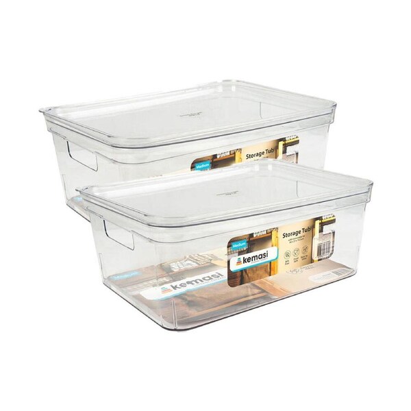 2x Kemasi Clear Kitchen Pantry Storage Organisation BPA Free Tub W/Lids Medium