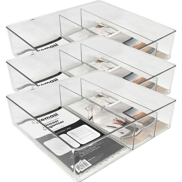 3x Kemasi Clear Home Drawer Space Saver Storage Organisers 3 Compartments