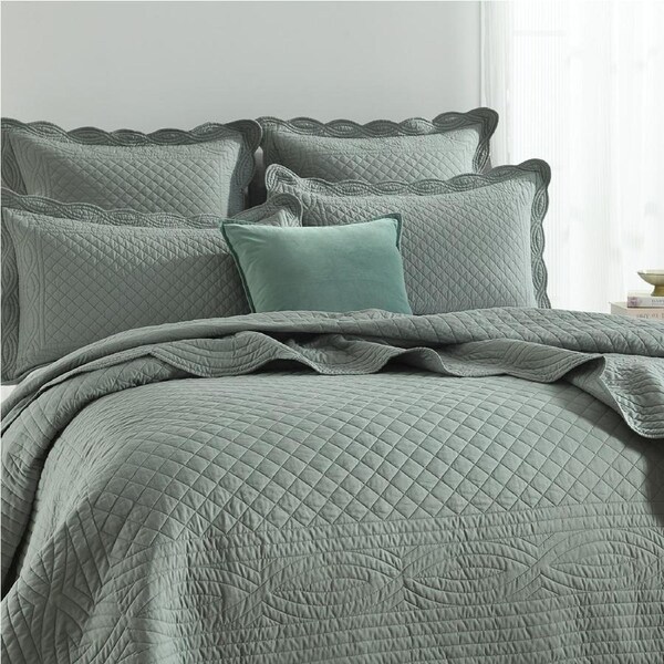 Renee Taylor Scallop Jacquard Single/Double Coverlet w/ 2x Pillowcases Juniper