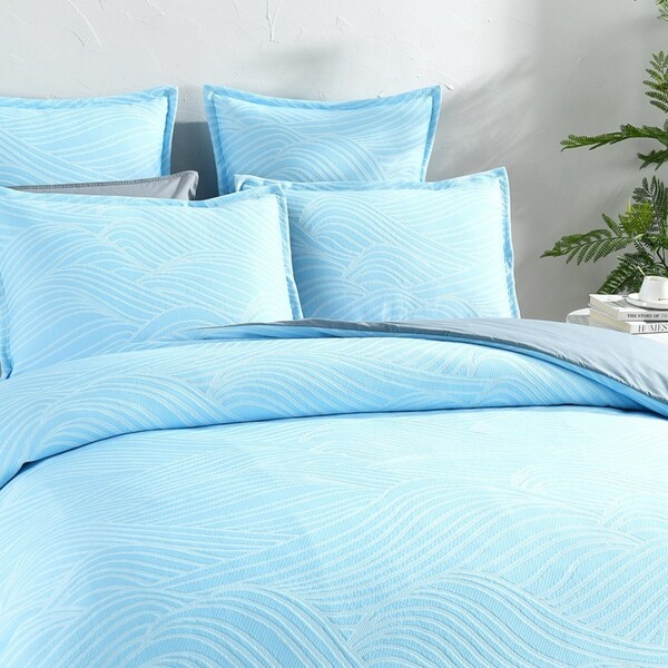 Renee Taylor Oscillate Jacquard King Quilt Cover w/ Pillowcases Bedding Set Sky