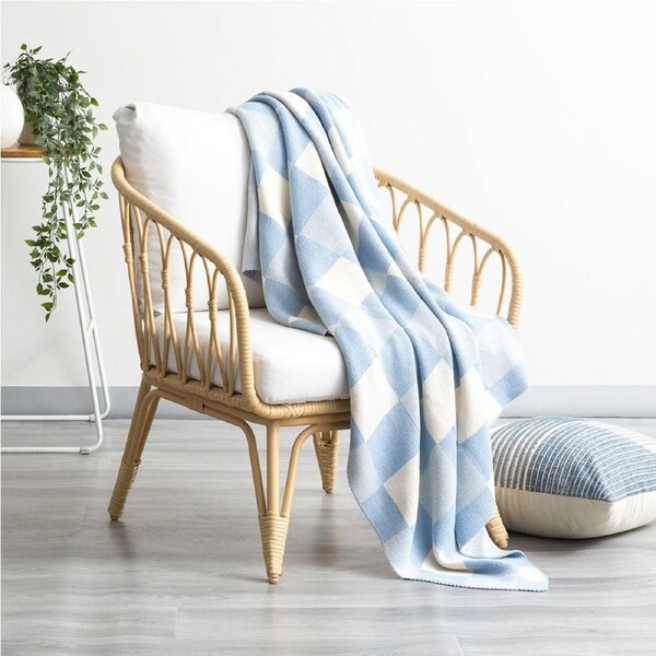 Renee Taylor Newport Checkered Cotton 130x170cm Knitted Throw Rug French Blue