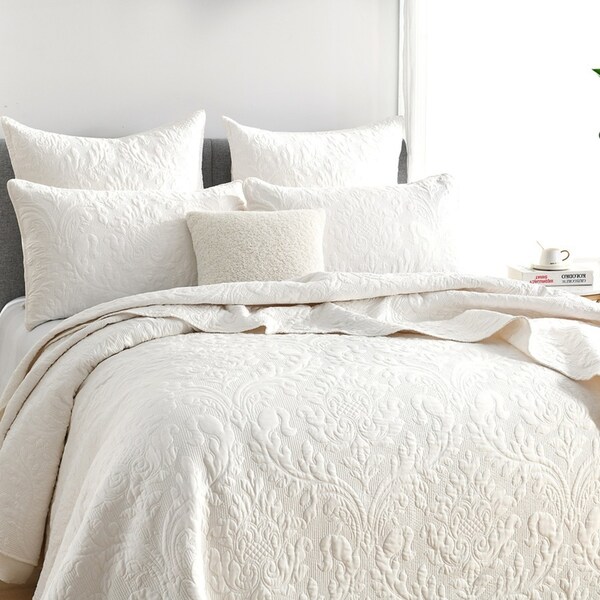 Renee Taylor Berlin Jacquard Queen/King Coverlet w/ Pillowcases Bedding Stone