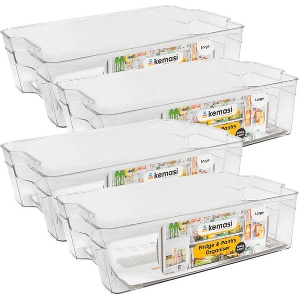 4x Kemasi Clear Fridge & Pantry Space Saver Storage Organiser Tub Large 31x21cm