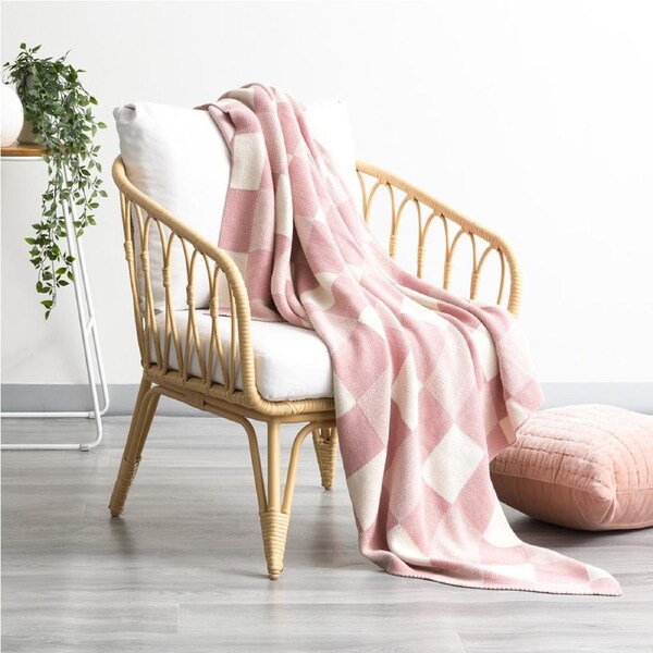 Renee Taylor Newport Checkered Cotton 130x170cm Knitted Throw Blanket Blush