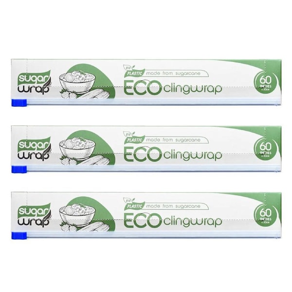 3x SugarWrap Eco Durable Sugar Cane Thin Cling Film Plastic Wrap 30cm x 60m