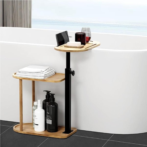 Bathroom 3-Layer Bamboo Bathtub Caddy Tray Height Adjustable Bathtub table Storage Rack