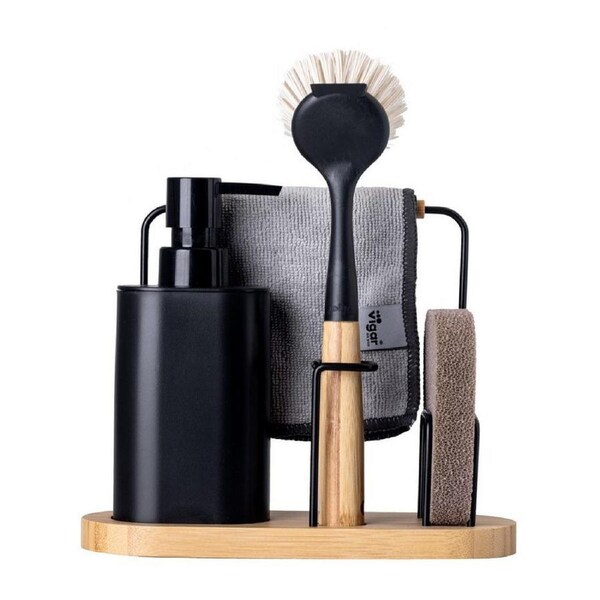 4pc Vigar Vintage Bamboo Wood Sink Caddy Brush Soap Dispenser Set Black/Natural