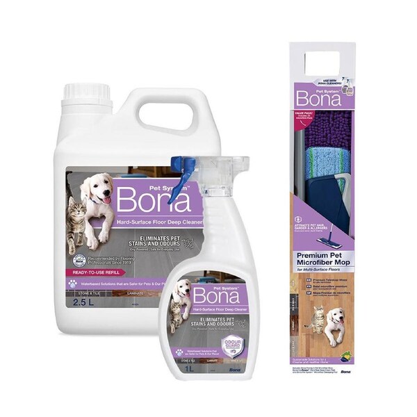 Bona Pet Microfibre Deep Clean Mop w/Hard Floor 1L Cleaner Spray & 2.5L Refill