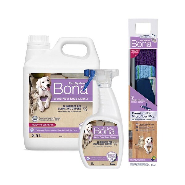 Bona Pet Microfibre Deep Clean Mop w/Wood-Floor 1L Cleaner Spray & 2.5L Refill