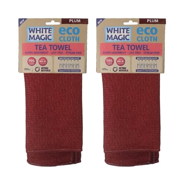 2x White Magic Microfibre 70x50cm Eco Cloth Tea Towel Single Cleaning Plum