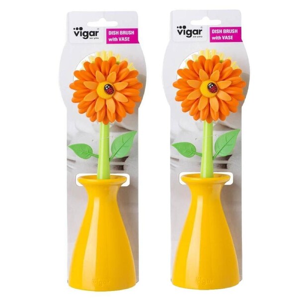 2x Vigar Flower Power Dish Brush Plate/Bowl Cleaner Scrubber w/Vase Orange