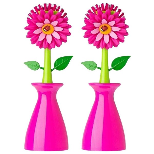 2x Vigar Flower Power Dish Brush Kitchen Plate/Bowl Cleaner Scrubber w/Vase Pink