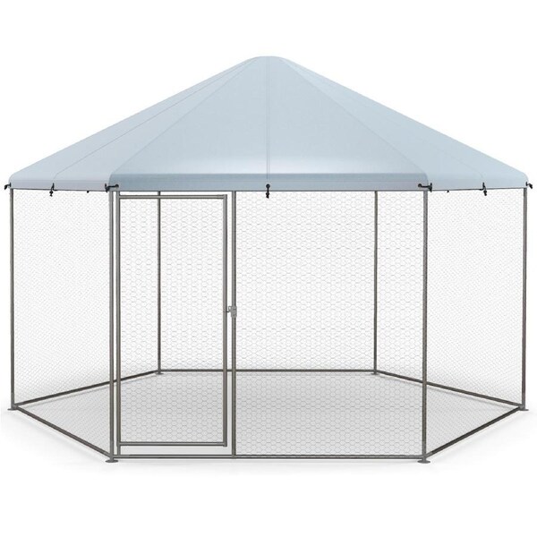 Costway Walk-in Chicken Coop Metal Poultry Cage w/Wire Mesh & Waterproof Cover Backyard Farm