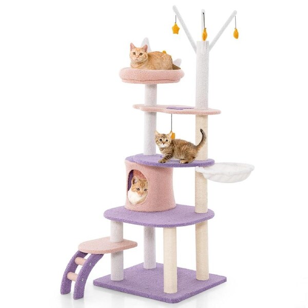 Costway 158cm Cat Tower Tree Scratching Posts Cat Condo House w/Ladder/Hammock Cat Activity Center