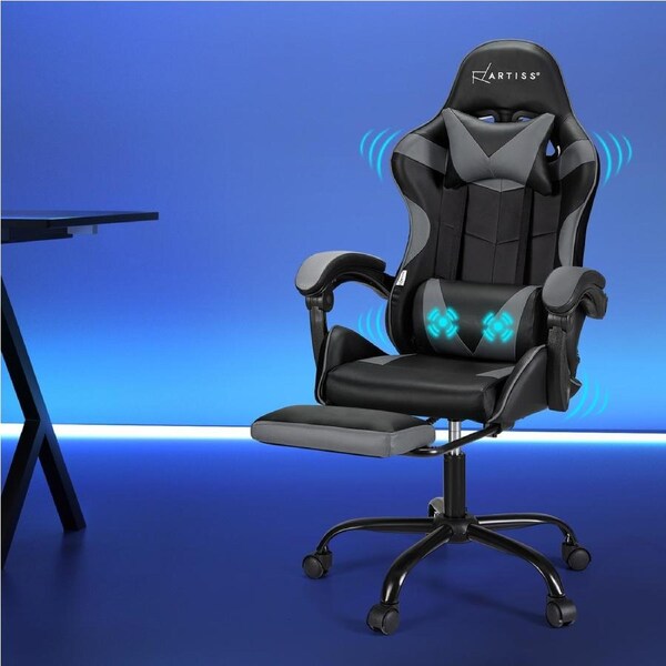 Artiss Gaming Chair 2 Point Massage Office Chairs Leather Recline Footrest Grey