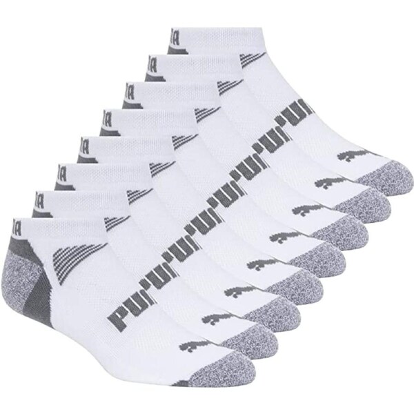 Puma Men's Low Cut 8 Pack Sport Socks, Moisture Control, Arch Support Men's Sock Size 13-15 - White/Steel Grey