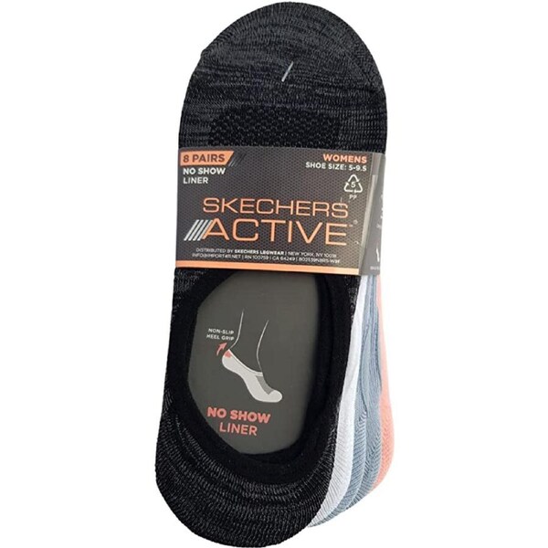 Skechers Women No Show Liner Sock 8 Pack - Black/White/Blue/Pink Shoe Size 5-9.5