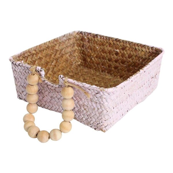 Straw 20cm Napkin Holder Basket Square Storage Organiser Decor Wash Pink/Beads