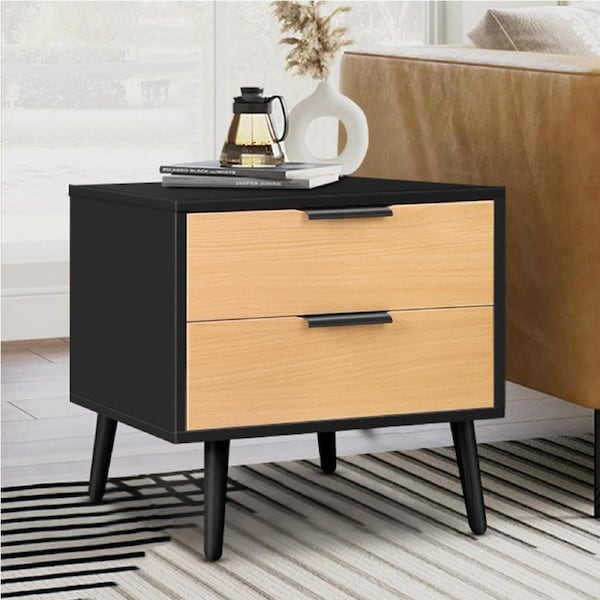 ALFORDSON 2 Drawers Bedside Table (Black & Wood)