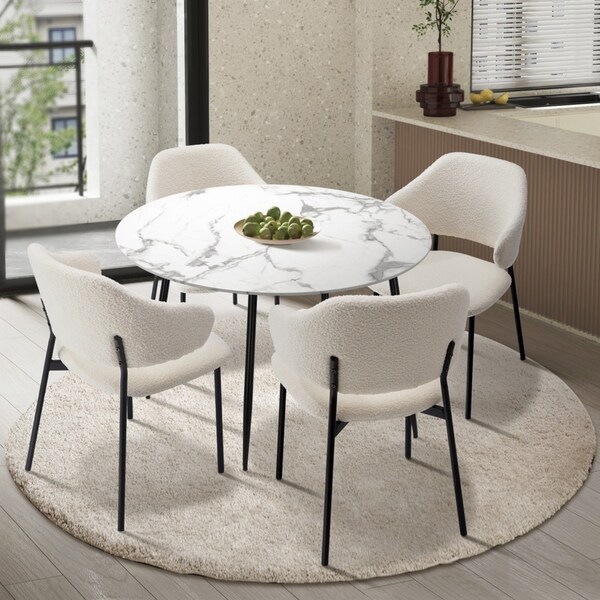 Oikiture 110cm Round Dining Table with 4PCS Dining Chairs Accent Sherpa White