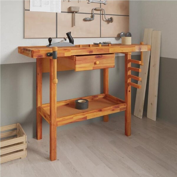 Workbench with Drawer and Vices 124x52x83 cm Solid Wood Acacia vidaXL