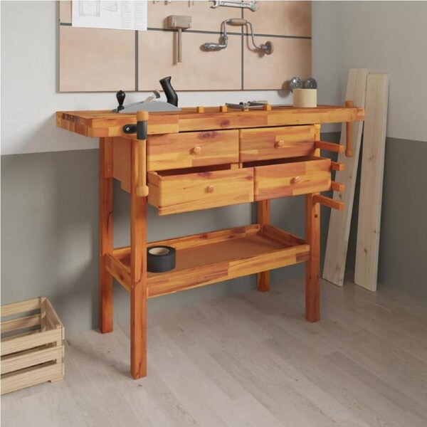 Workbench with Drawers and Vices 124x52x83 cm Solid Wood Acacia vidaXL