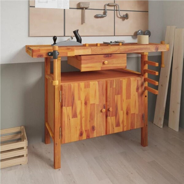 Workbench with Drawer and Vices 124x52x83 cm Solid Wood Acacia vidaXL