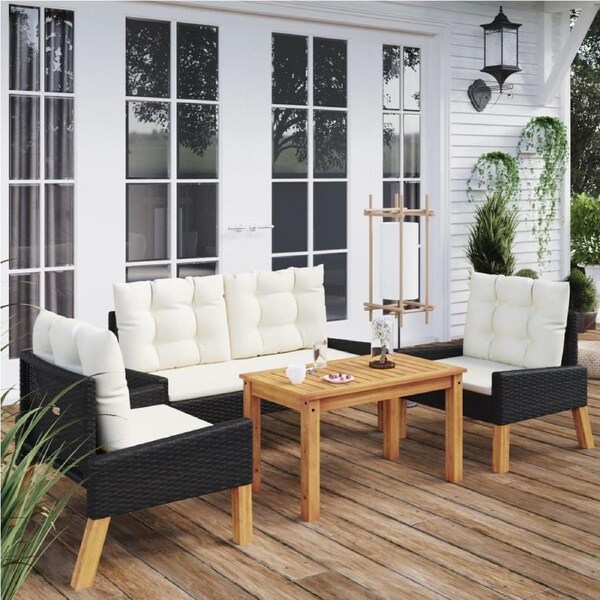 4 Piece Garden Lounge Set with Cushions Poly Rattan&Solid Wood vidaXL