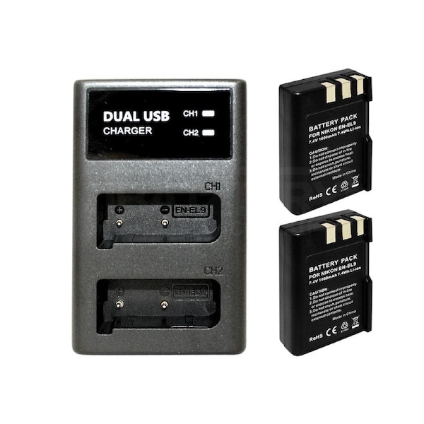 2 Rechargeable Battery External Dual Charger For Nikon D3000 D40 D40A D40C D40x D5000 D60 EN-EL9 EN-EL9a EN-EL9E DSLR-D40A DSLR-D40C Camera